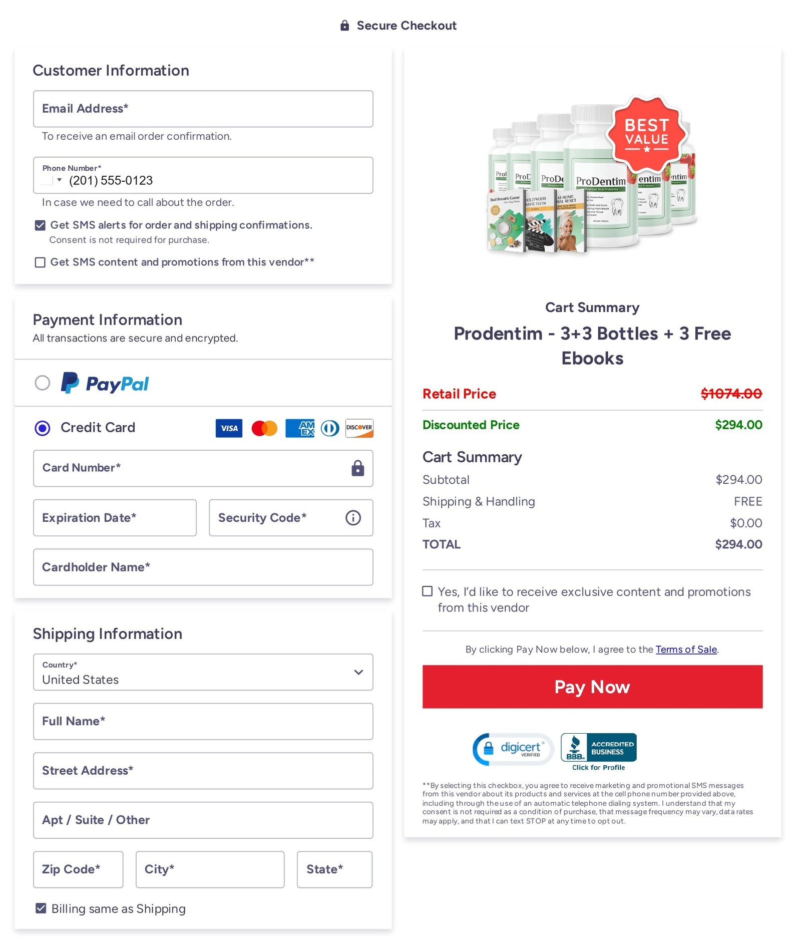 The ClickBank secure checkout page showing the ProDentim price and cart summary for the six-bottle package