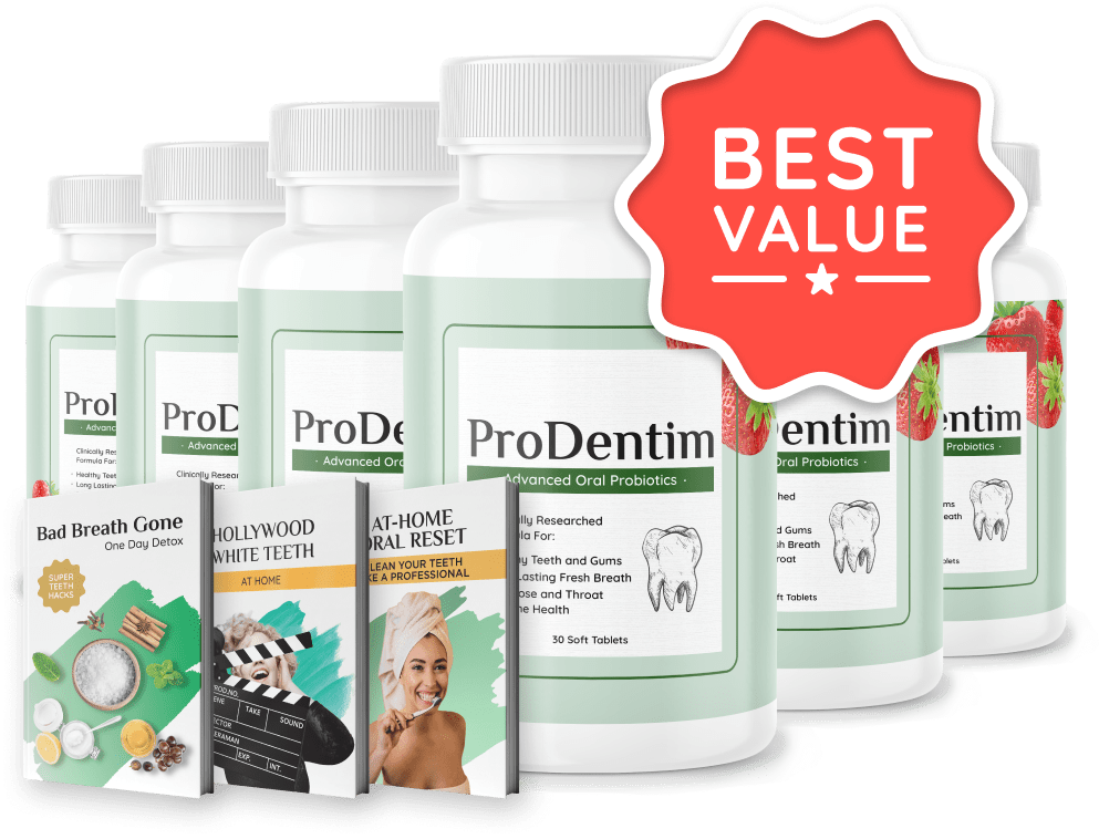 ProDentim six-bottle package with bonus guides