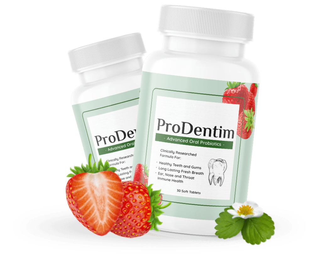 ProDentim price guide — bottles of ProDentim oral probiotic with strawberries